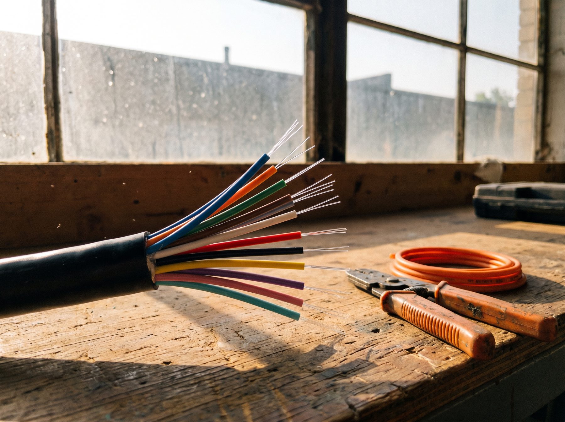 Cut end of an outdoor fiber cable with color-coded buffer tubes fanned out on a workbench
