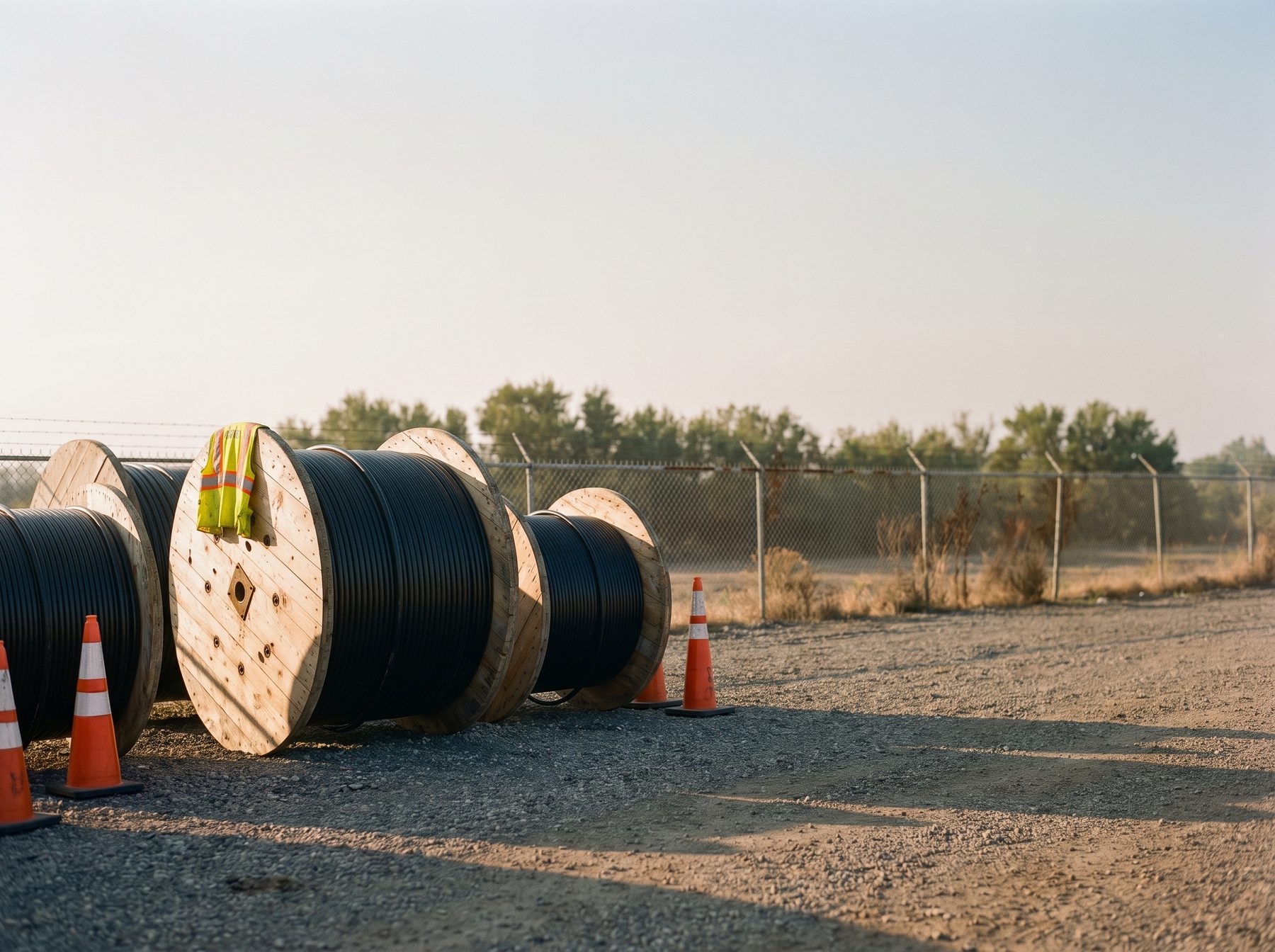 Large wooden reels of black outdoor cable on gravel in a contractor yard