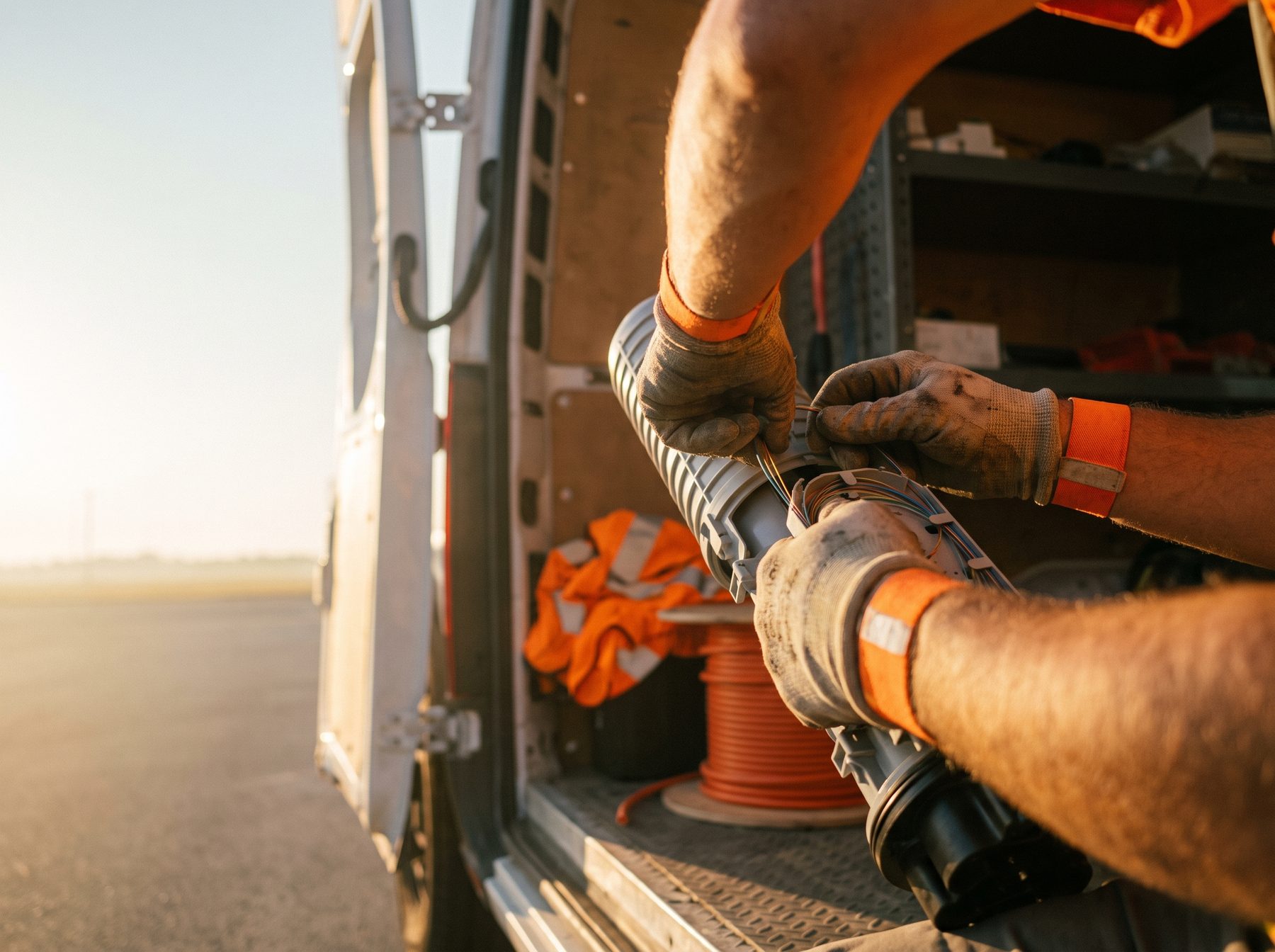 Gloved hands working on fibers inside an open splice closure at the back of a van