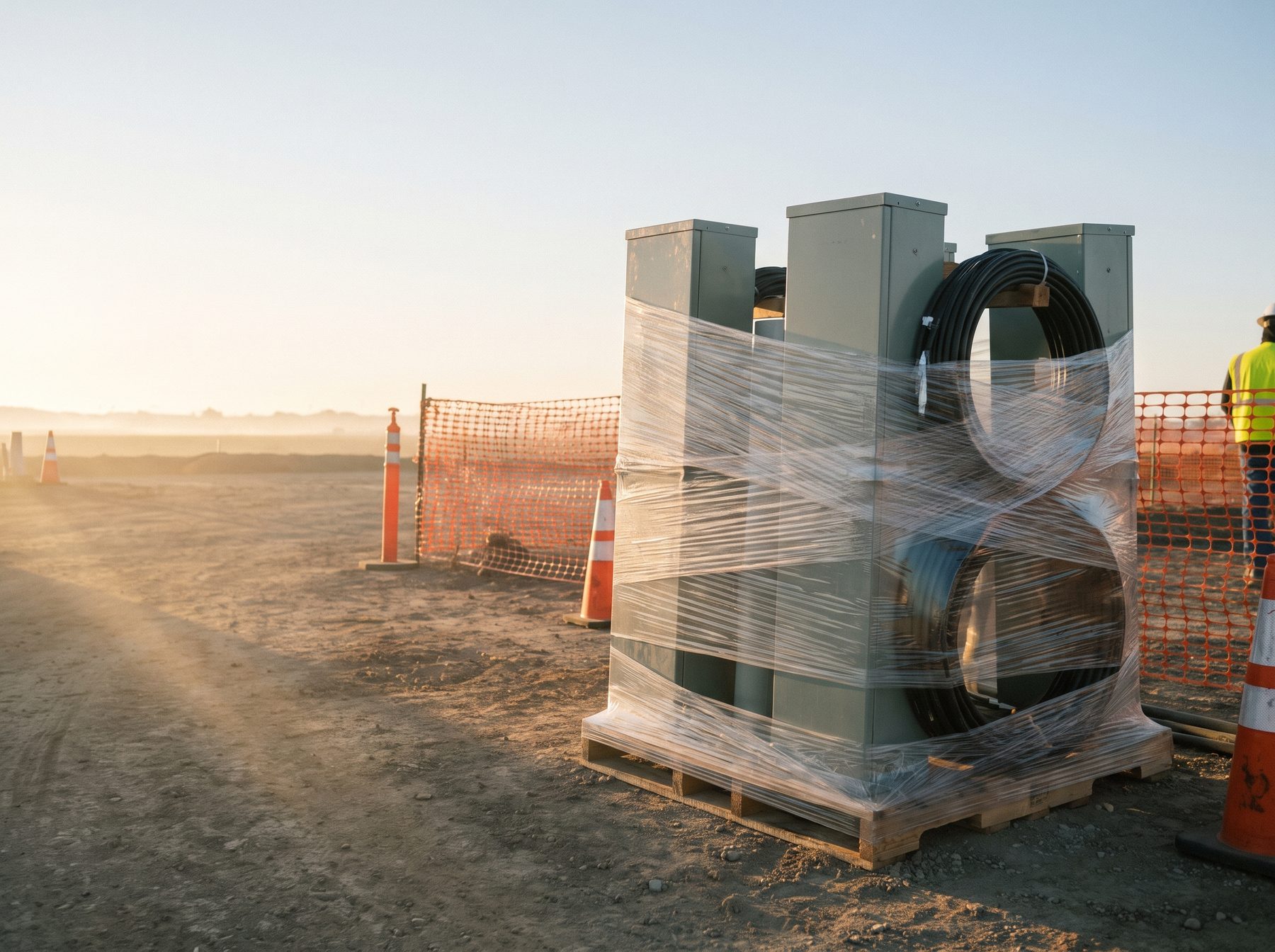 Shrink-wrapped pallet of utility pedestals and coiled drop cable on a construction site
