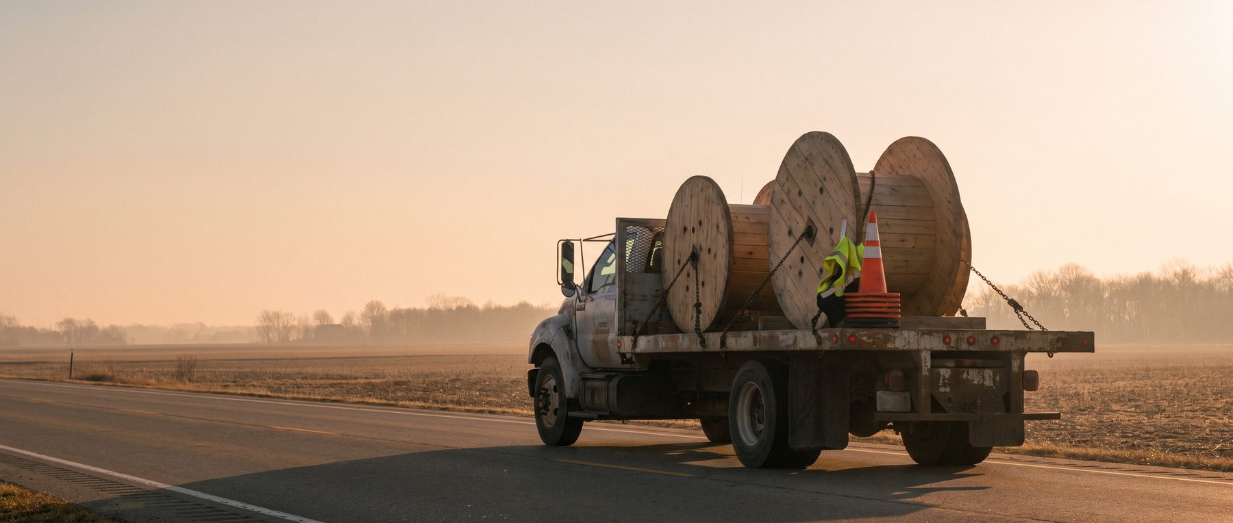 Flatbed truck carrying wooden cable reels on an empty highway at sunrise