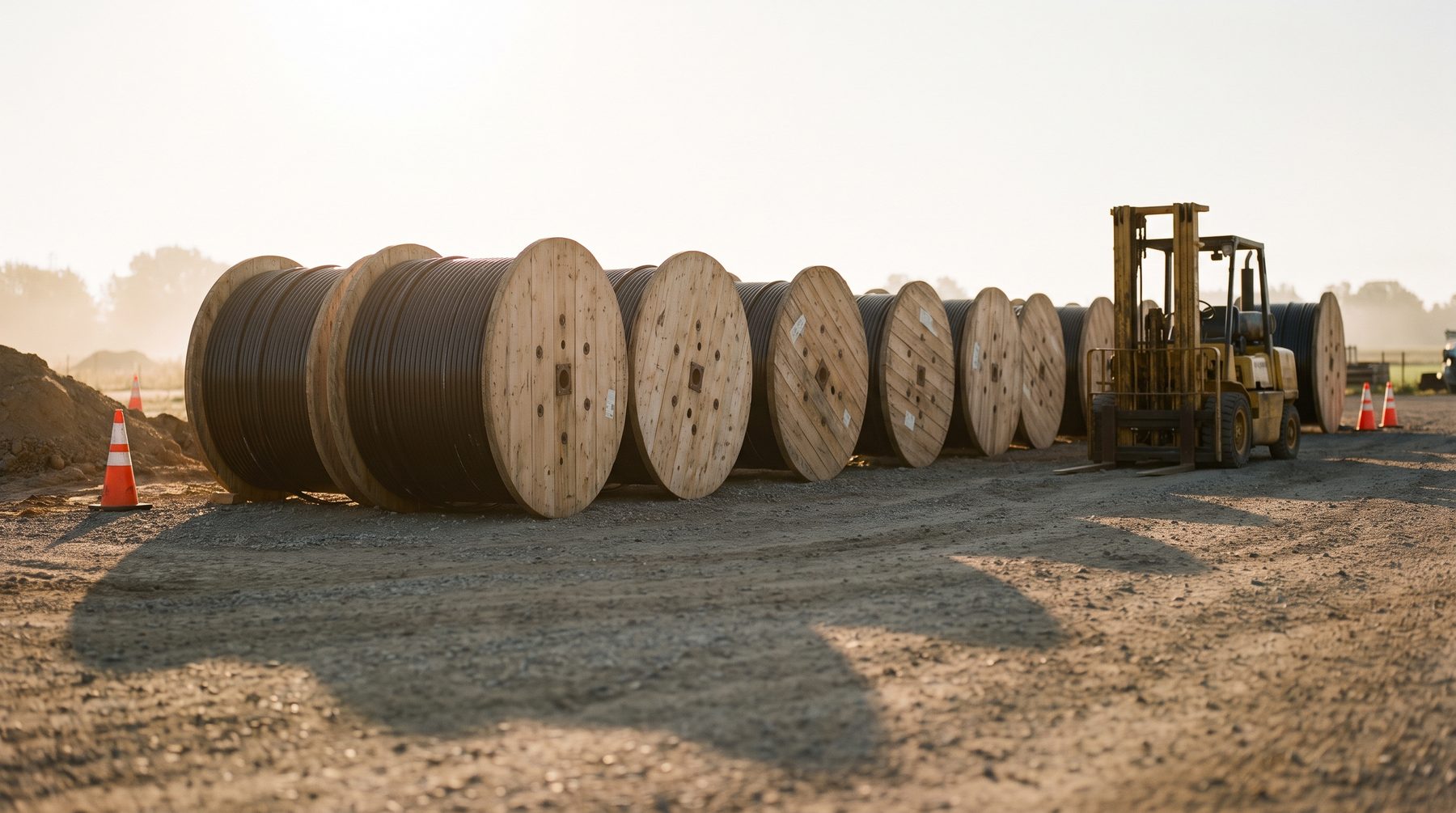Rows of wooden cable reels in a gravel contractor yard at sunrise, a forklift at the end of the row